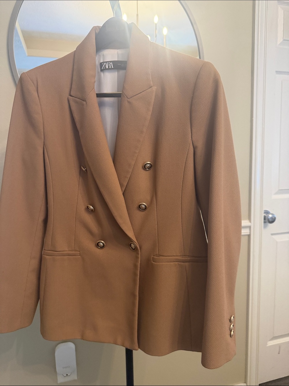 Zara Double-Breasted Tan Blazer with Gold Buttons